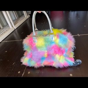 Justice Girls Fuzzy Rainbow Rolling Carry On Travel Bag with Light Up Wheels